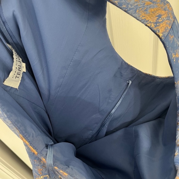 Teri Jon Blue and Silver Asymmetrical Ruched One Shoulder Gown - Picture 5 of 5